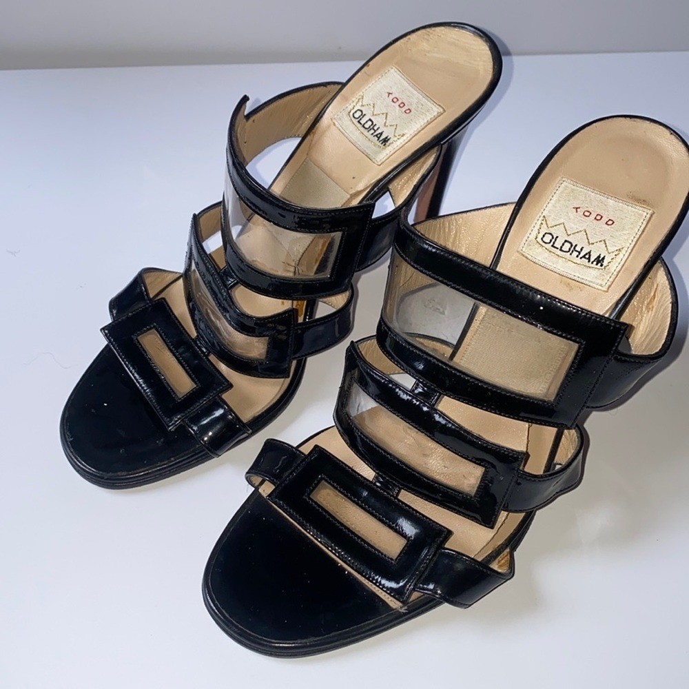 Vintage 1990s Todd Oldham Springolator leather heels, black patent leather